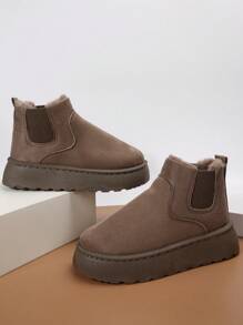 Women's Snow Boots,Women's outdoor warm thick-soled snow boots, solid color brown round toe Chelsea winter suede snow boots - Brown - View 3