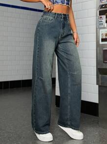 SHEIN ICON Mid Waist Wide Leg Jeans - Dark Wash - View 1
