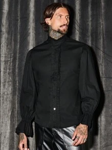 GENTILAND Men Flare Sleeve Frill Trim Mock Neck Shirt - Black - View 1