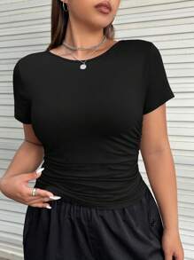 SHEIN EZwear Plus Solid Ruched Side Tee - Black - View 1