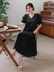 DAZY 纯色泡泡袖荷叶边下摆连衣裙太阳裙 - 黑色 - 查看 3