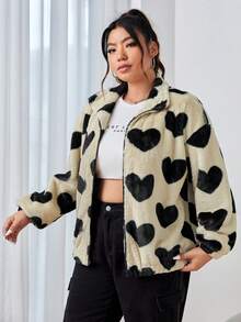 SHEIN EZwear 大碼愛心圖案落肩袖毛絨夾克 - 黑與白 - 查看 3