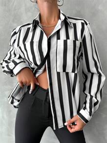 SHEIN Cottnline Striped Print Pocket Patched Shirt - Black and White - View 4