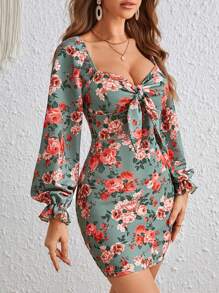 SHEIN VCAY Robe Moulante Imprimé Floral À Nœud À Manche Évasée
