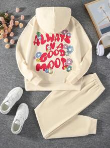 SHEIN Explorewe Teen Girl Slogan Graphic Hoodie & Sweatpants - Apricot - View 1
