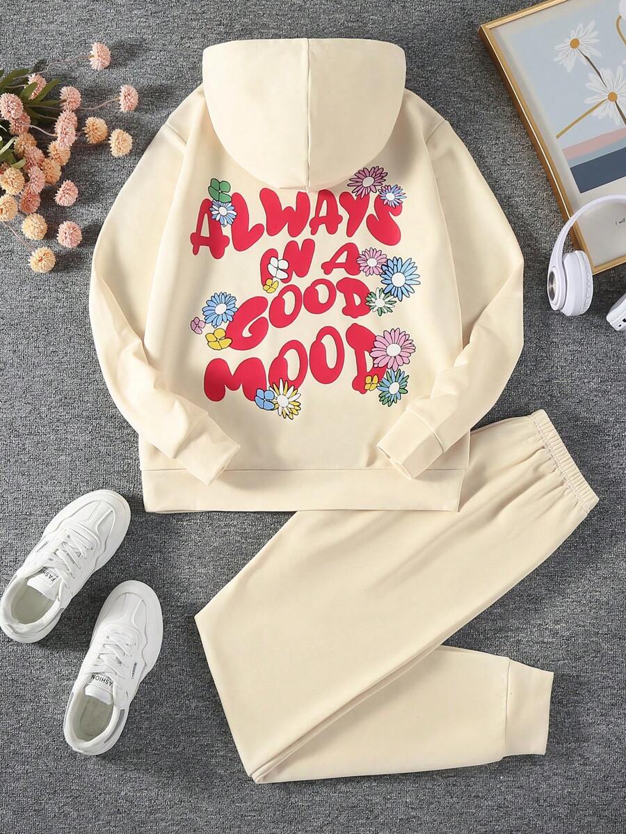 SHEIN Explorewe Teen Girl Slogan Graphic Hoodie & Sweatpants - Apricot - View 1