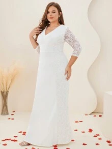 Plus Contrast Lace Zip Back Mermaid Wedding Dress - White - View 5