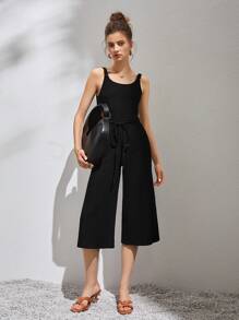 Open Back Tie Waist Capri Jumpsuit - Black - View 4