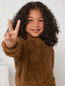 女小童刺繡毛絨帽衫和褲子 - 卡其色 - 查看 5