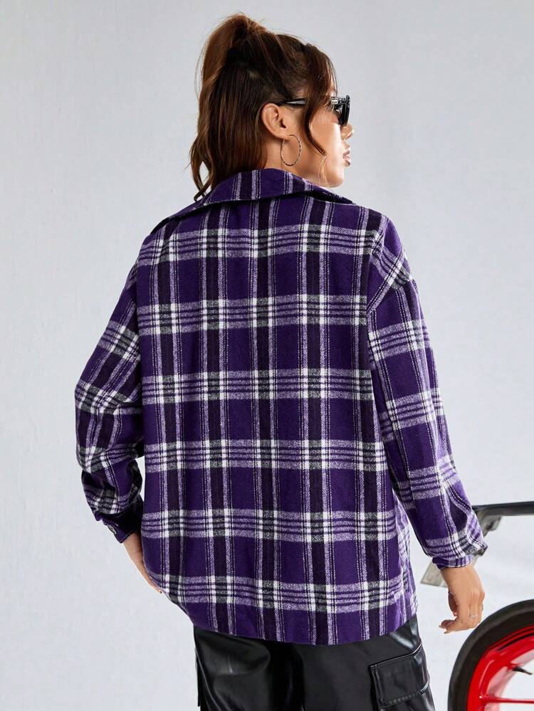 Plaid & Letter Graphic Drop Shoulder Overcoat