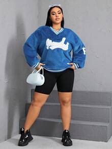 SHEIN EZwear 加字母刺繡落肩泰迪衛衣 - 藍色 - 查看 4