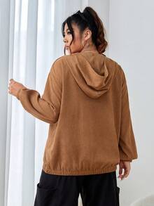 SHEIN EZwear Hơn Chi tiết Patched thư Túi kangaroo Thả vai áo có mũ Áo khoác - Màu Khaki - Xem 2