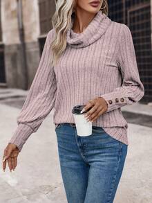 SHEIN LUNE 堆堆領條紋針織T恤 - 藕粉色 - 查看 6