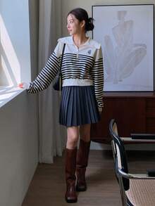 DAZY 條紋印花字母刺繡半拉鏈落肩袖運動衫 - 白色 - 查看 6