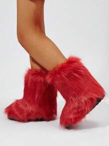 Fashionable Mid-calf Snow Red Boots, Comfortable And Warm Furry Winter Boots - Red - View 5