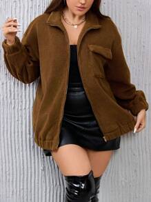 SHEIN Essnce Plus Flap Pocket Drop Shoulder Teddy Coat - Chocolate Brown - View 2