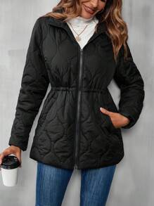 SHEIN LUNE Slant Pocket Zipper Hooded Quilted Padded Coat Clothes Winter - Black - View 3
