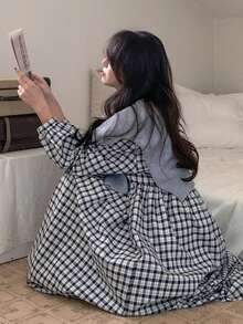 DAZY Vestido smock de guingán ribete con fruncido - Negro - Ver 3