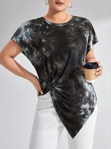 SHEIN LUNE Plus Tie Dye Asymmetrical Hem Tee - Multicolor - View 1