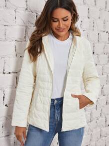 EMERY ROSE Slant Pocket Zip Up Fuzzy Trim Hooded Quilted Coat - Black - View 4