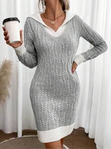 SHEIN LUNE Contrast Trim Cable Knit Contrast Collar Sweater Dress - Grey - View 1