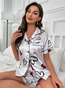 SHEIN Conjunto de pijama de satén con ribetes en contraste y estampado de corazones - Blanco - Ver 5