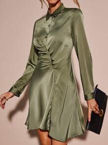 SHEIN Clasi Ruched Front Shirt Dress - Army Green - View 1