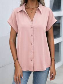 EMERY ROSE Batwing Sleeve Button Front Shirt - Dusty Pink - View 3