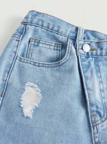 Teen Girl Ripped Raw Hem Denim Skirt - Light Wash - View 4