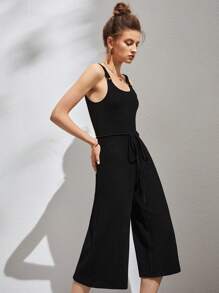 Open Back Tie Waist Capri Jumpsuit - Black - View 6