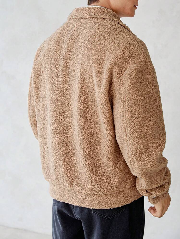 Loose Fit Men's Flap Pocket Drop Shoulder Teddy Jacket, For Fall Winter