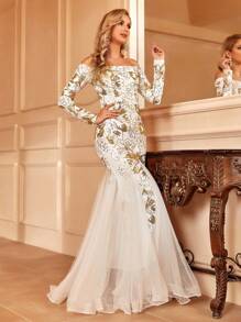 一字肩亮片舞會洋裝 - 白色 - 查看 6