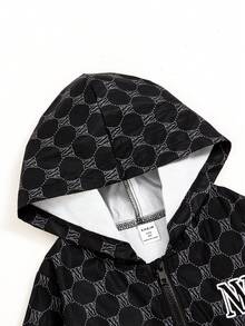 Young Boy Allover Print Zip Up Hooded Jacket - Black - View 8