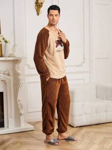 男士熊图案字母刺绣插肩袖上衣和裤子泰迪熊绒毛家居服睡衣套装，秋冬舒适保暖服