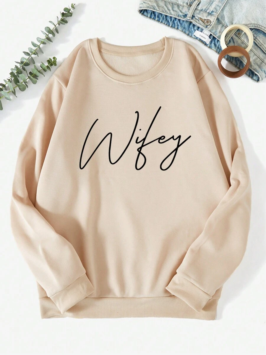 SHEIN EZwear Áo nỉ lót nhiệt họa tiết Plus Letter - Màu be - Xem 1