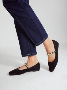 MOTF PREMIUM Giày búp bê vuông quai ngọc trai giả, giày đi nghỉ mát, giày mùa hè cho dịp Giáng sinh. - màu đen - Xem 6