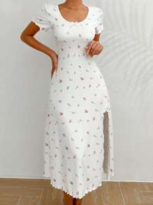 CottageSlumber 花卉印花生菜边开叉大腿睡衣睡裙长裙