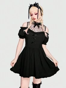 ROMWE Kawaii Spliced Mesh Puff Sleeve Cold-shoulder Neckline Bow Patch Dress - Black - View 6