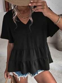 SHEIN LUNE Solid V-Neck Ruffle Hem Blouse Peplum Top