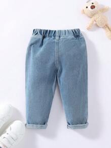Baby Boy Street Casual Skateboarding Bear Print Elastic Waist Ripped Baggy Jeans - Light Wash - View 2