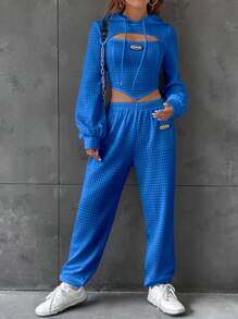 SHEIN EZwear Letter Patched Detail Cutout Drawstring Hoodie & Sweatpants - Blue - View 3