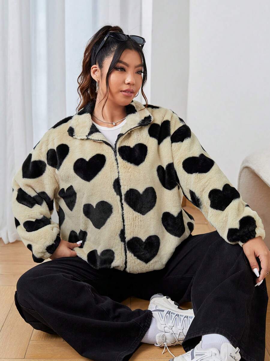 SHEIN EZwear 大碼愛心圖案落肩袖毛絨夾克 - 黑與白 - 查看 1