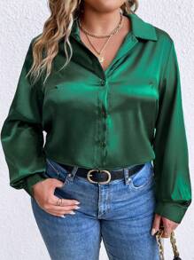 SHEIN Clasi Plus Size Vrouwen Feestkleding Satijnen Shirt Met Lange Mouwen Met Kraag En Studs, Formele Gelegenheidskleding