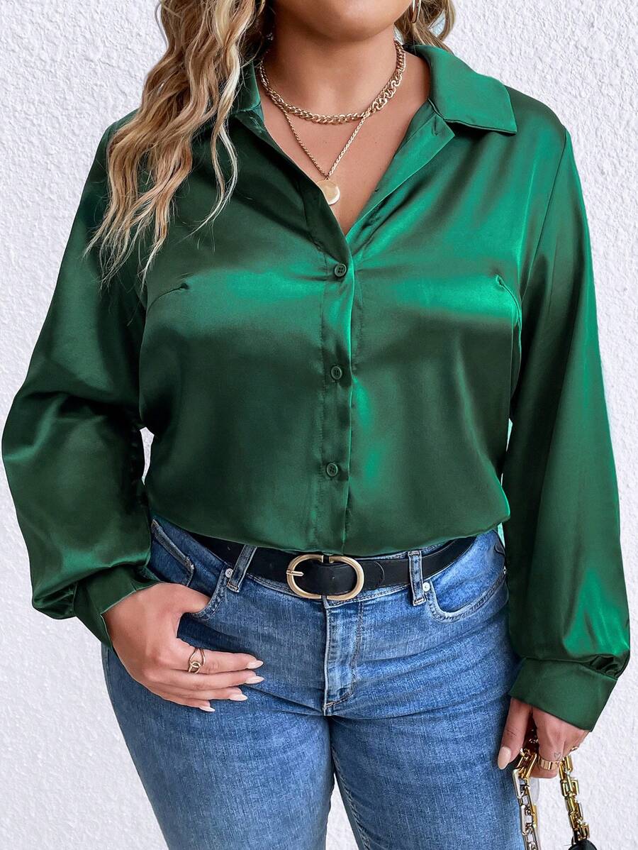 SHEIN Clasi Plus Size Women Party Attire Satin Long Sleeve Shirt With