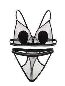 Set de lencería de malla en contraste con abertura - Negro - Ver 4