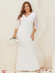 Plus Contrast Lace Zip Back Mermaid Wedding Dress - White - View 4
