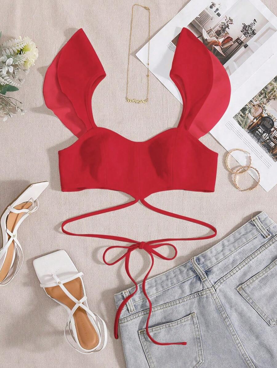 SHEIN Holidaya 荷葉邊十字交叉後綁帶短款上衣 - 紅色 - 查看 1