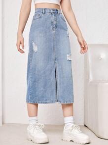 SHEIN 青少年女孩破洞斜口袋牛仔半身裙 - 淺色水洗藍 - 查看 5