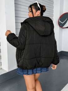 SHEIN EZwear Plus Slant Pockets Hooded Padded Padded Coat Clothes Winter - Black - View 2