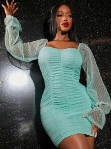 Slaydiva 網紗拼接圓點喇叭袖褶邊緊身洋裝 - 淺藍色 - 查看 3